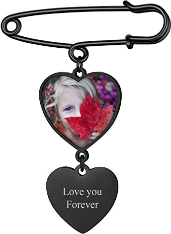 Custom4U Personalisierte Brosche Pin mit Foto Gravur Edelstahl Memorial Damen Frauen Herz Brautstrauß Anhänger Schwarz mit Bild DIY Ansteckbrosche Hochzeitsbouquet Pin