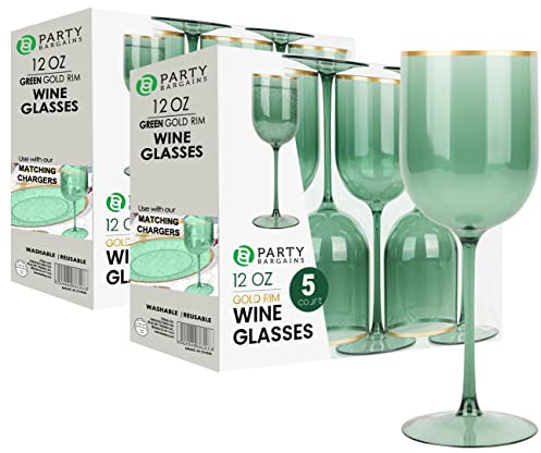 Party Bargains 10 Weinkelche – Grüner Goldrand (340 ml) – Einweg-Weingläser aus Kunststoff mit Stiel – für Pool-Partys, Empfänge im Freien, Hochzeiten