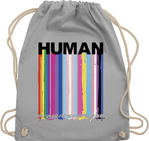Turnbeutel Rucksack - LGBTQ Kleidung Pride Flag - HUMAN Blockschrift Regenbogen Farben Tropfen - Unisize - Hellgrau - lgbt queer stoffrucksack csd rainbow beutelrucksäcke lesbian regenbogenfarben