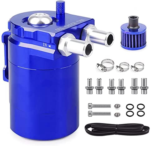Towwoo 300 ml Alluminio Decanter, Seperator Vapori Olio Motore, Cattura Aria Universal, per Recupero Vapori con Kit di Accessori a 2 Porte, Filtro Aria, Tubi (Blu)