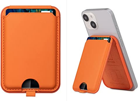 HAOBOBRO - MagSafe Wallet mit Standfunktion - Magnetischer Leder Kartenhalter - Kompatibel mit iPhone 14 Pro Max / 14 Pro / 13 Pro Max / 13 Pro / 12 Pro Max / 12Pro / 14 Plus / 14/13 / 12 - Orange