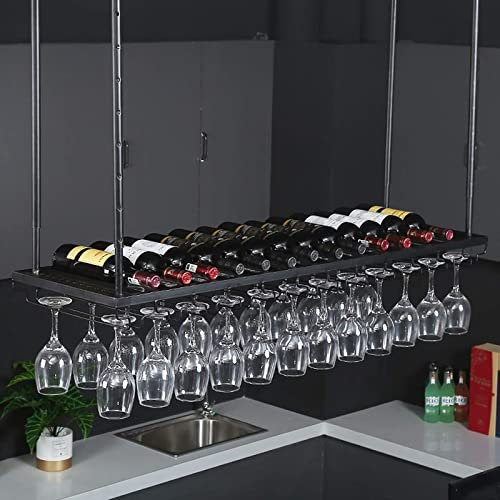 Decken-Weinregal aus Metall, höhenverstellbar, hängender Dekorationsständer, Vintage-Weinflaschenregal, Kelch-Stielglas-Halter, für Bars/Restaurants/Küchen (Color : Black, Size : 100cm)