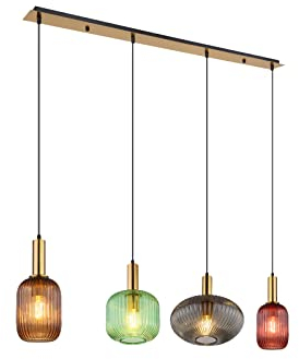 Ausgefallene Pendelleuchte mit 4 gerillten Glasschirmen mehrfarbig, 115cm lang