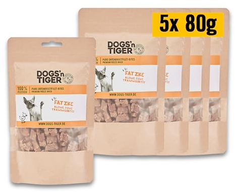 Dogs'n Tiger Adult Hundesnacks, Fatzke Trainingsleckerli aus 99% Fleisch – artgerechte Hundeleckerlis ohne Zucker, künstliche Aromen – gut verträglich (gefriergetrocknetes Entenbrustfilet, 5 x 80g