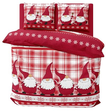 one-home Winter Bettwäsche 200x220 cm Wichtel Christmas kariert rot Flausch Warme Fleece