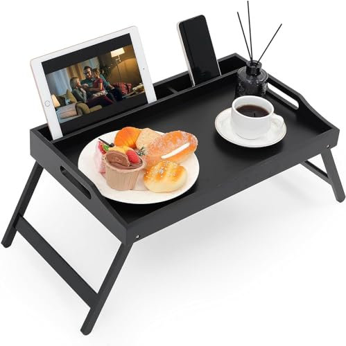 VIVAAS Bamboo Bed Tray Table With Foldable Legs Breakfast Tray for Sofa, Bed, Eating, Working Snack Tray Laptop Stand Multipurpose Lap Tray With Media Slot Food Tray With Carrying Handles (Black)