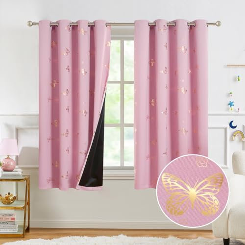 Jubilantex Butterfly Print Blackout Curtains Thermal Insulated Window Treatments for Bedroom Kids Bedroom Nursery Elegant Luxurious Room Darkening Draps Grommet Top，Pink 52 Wx63 Lx2