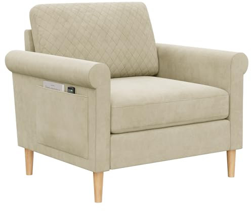 Vesgantti Fabric Accent chair, Upholstered Armchair with Bilateral Pocket Storage and Removable Cushions, Occasional Chair for Living Room Bedroom and Office, Tool-free Assembly, 80W*75D*86Hcm
