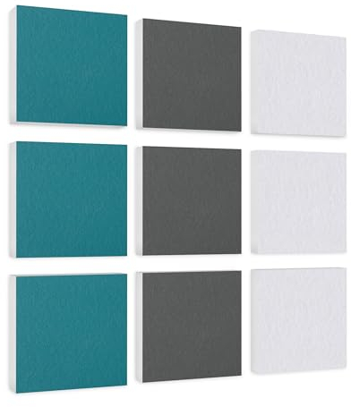 platino24 Akustikpaneele 9 Elemente Colore Quadrat 27,5 x 27,5 cm Petrol + Grau + Weiß I Schallabsorber aus Basotect G+ mit Akustikfilz I Schalldämmung Wand & Decke I Akustikelemente Wandpaneel