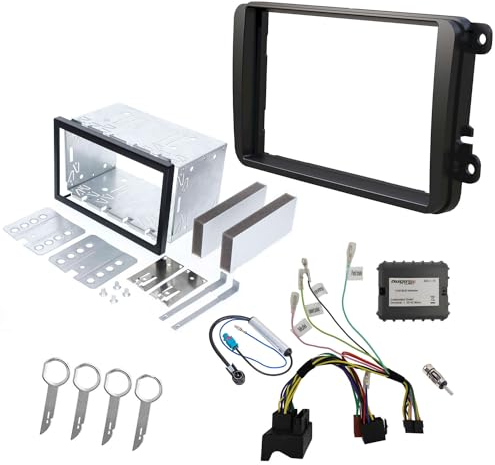 Audioproject A217 - CanBus Radioblende Set 2 DIN ISO Metall Einbauschacht kompatibel für VW Golf 5 6 Passat Skoda Octavia Seat Can Bus Radio Adapter 2X Antennenadapter Fakra Entriegelungsbügel