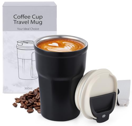 PRAOAHEI Thermobecher 360ML Kaffeebecher to Go Auslaufsicher Travel Mug, Edelstahl Doppelwandig Isoliert 12oz Reisebecher Autobecher mit Deckel, Coffee to Go Warmhaltend, Schwarz