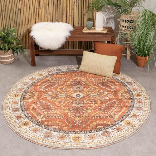 FRAAI | Home & Living Vintage Gartenteppich Rund - Santo Flora Terrakotta - Wetterfest - Polyester - Flachgewebe - Balkon, Garten/Terrasse - Terrasse - Rug