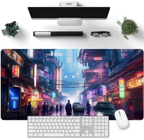 Großes Gaming-Mauspad, Landschaftsmalerei, Schreibtischunterlage, Laptop-PU-Mauspad, wasserdicht, rutschfest, Heimdekoration, Bürozubehör (69,8 x 34,8 cm, Cyber-Nachbarschaft)