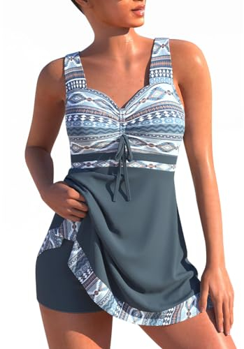 Minetom Damen Bauchweg Bademode Tankini Set Zweiteilig Push Up Badeanzug Strand Schwimmanzug Swimwear Bikini Badekleid mit Shorts E Grau 3XL