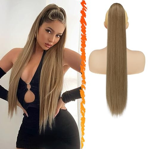 BARSDAR Lang Glattes Pferdeschwanz Verlängerung, 66CM Kordelzug Braun Zopf Pferdeschwanz Haarverlängerungen Synthetik Clip Pferdeschwanz Haarteil für Damen Tägliche (Helles Braun Gemischt)