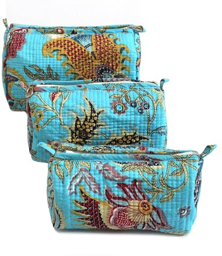 Lot de 3 trousses de maquillage en coton matelassé bleu clair - Trousse de toilette indienne faite à la main - Organisateur de produits de toilette en coton indien avec fermeture éclair, bleu ciel,