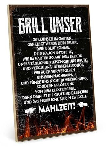 TypeStoff Holzschild mit Spruch – GRILL UNSER – im Vintage-Look mit Zitat als Geschenk und Dekoration zum Thema Grillen, Lustiges - HS-01454