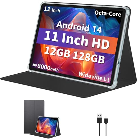 2024 Tablet 11 pulgadas Tablets Android 14 con Octa-Core, 12GB RAM 128GB ROM, 8000mAh Battery, Drop-Proof Case, TF 1TB, HD IPS Touchscreen, 5G/2.4G WiFi, Bluetooth 5.0, GPS, Split Screen (Negro)