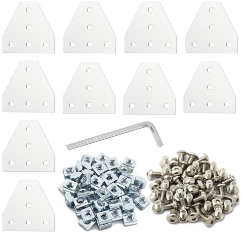 10 placas de conexión en forma de T con 50 tuercas M5-T, 50 tornillos M5, llave para perfiles de extrusión de aluminio de 6 mm 2020 (forma de T, plateado)