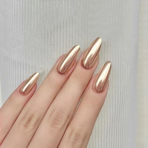 DMQ Almond Press on Nails, 24Pcs Gold Mirror Fake Nails, Oval Chrome Fake Nails Medium Long, Metal Mirror Stick on Nails with Nail Glue, Full Cover Stick on Nail Tips for Women Girls Nails Art