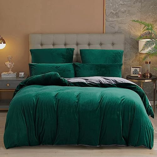 YASMENG Housse de Couette Flanelle 220x240 Hiver Chaude Vert Foncé Gris Polaire Parure de Lit Flanelle Doux Douillet Duveteux Linge de Lit 2 Personne avec Fermeture Éclair et Taies d'oreiller 65x65 cm