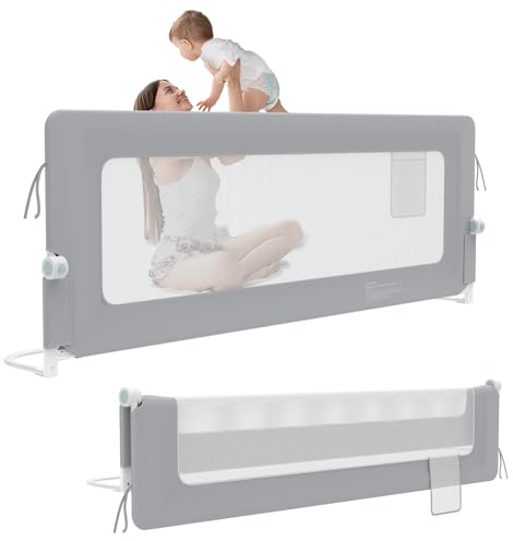 HENGMEI Rausfallschutz Bett 150 cm Bettgitter Bettschutzgitter Kinderbettgitter Zusammenklappbar um 180 Grad Babybett Umrandungen Luftiges Netz Höhenverstellbar Schutzgitter Bett (Grau)