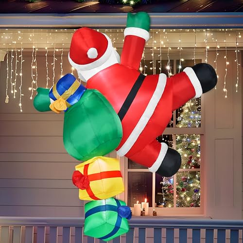 JOIEDOMI 6 Fuß hoher aufblasbarer Weihnachts-Kletterweihnachtsmann mit Geschenktüten, aufblasbarer hängender Weihnachtsmann im Freien mit eingebauten LEDs für Weihnachtsparty Feiertagsdekorationen