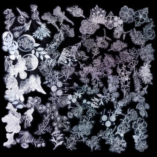 Scrapbook Stickers Blumen Pflanze Sticker Set, 100 Stück Wasserdichte Scrapbooking Aufkleber, Transparente Dekorative Aufkleber, Glänzende Kunstharz Aufkleber für DIY Scrapbook Fotoalben Tagebüchern