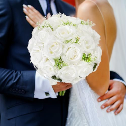 M METERXITY Bouquet da Sposa per Sposa, Bouquet di Fiori Artificiali per Matrimonio Bouquet Nuziale per Sposa/Dama Onore, Bouquet con Nastro Seta [Bianco]