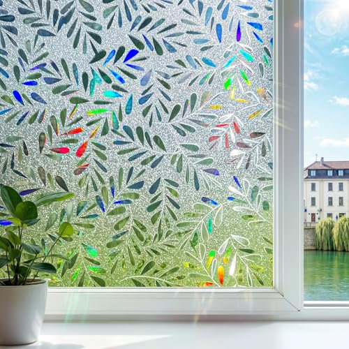 Qualsen Pellicola Vetri Finestre Privacy Motivo a Foglia 44.3x200cm, Pellicola Adesiva per Vetri Effetto Arcobaleno Smerigliata Anti-UV Autoadesive Pellicola Oscurante Vetri Finestre per Casa Ufficio
