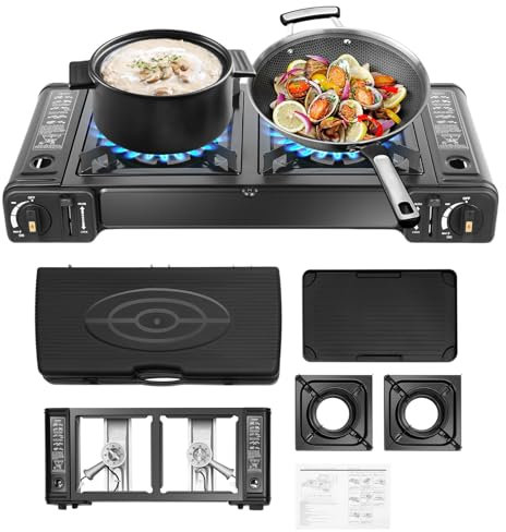 WSIKGHU Réchaud à gaz portable à 2 flammes avec boîte de rangement et plaque de cuisson antiadhésive, faible consommation de gaz, propre allumeur de tension