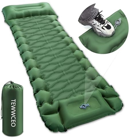 TEWWCEO Tapis de Camping Gonflable Ultraléger avec Oreiller, Pompe à Pied intégrée, Portable, Matelas Pneumatique Simple, Matelas Autogonflant Tapis de Camping pour Randonnée, Vert