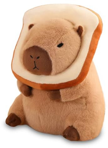 Zaloife Kuscheltier Capybara 25 cm, Plüschtier Capybara mit Tragbarem Toast Kopfschmuck, Stofftier Braun, Plüsch Kissen Puppe Spielzeug Geschenk für Fans Kinder