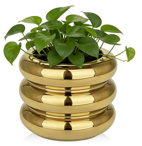 Arborus Maceta de cerámica de 13 cm hecha a mano, maceta de burbujas de cerámica dorada, maceta bohemia decorativa moteada con agujero de drenaje para decoración estética interior y exterior