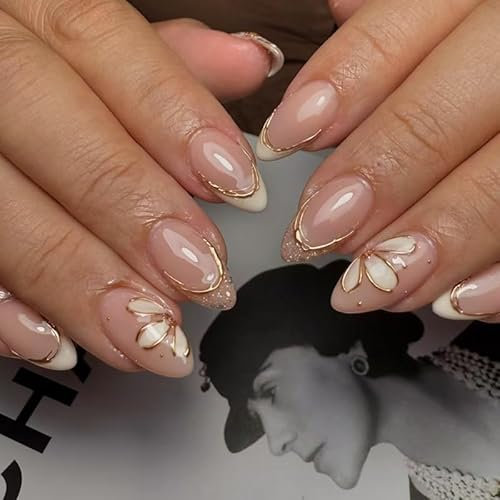 Faux Ongles Court MouyouGlow,Amande Rose Blanc 3D Or Twill Paillettes French Fleurs Floral Press on Nails avec Colle à Ongles,Pink Base Flowers Golden Striped Bling Été INS Fake Nails