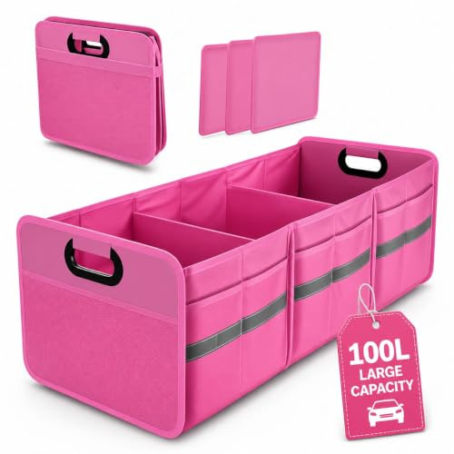 BriMall Car Boot Organiser XL 100L – Foldable Trunk Organiser with Multi-Compartments, Perfect for Women & Ladies for a Tidy Car, Travel, Groceries & Everyday Use-PINK