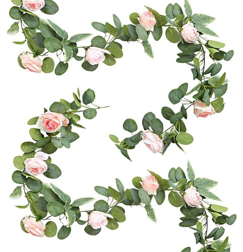 Carreuty 2 Stück Eukalyptus Girlande, 1.8m Grüne Blätter Künstliche Girlande Pflanze mit Vintage Rosenrebe Blumen, Eukalyptus Deko für Hintergrund Hochzeit Dekoration Festliche Tafel Dekorieren