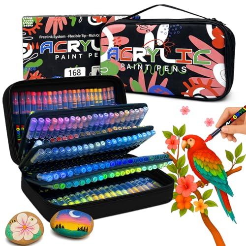 168 Marqueurs Acryliques, Pointe Pinceau 1-5 mm, Coffret Cadeau et Sac | Pour roche, verre, tasses, bois, métal et toile; pointe souple pour traits fins ou larges, idéale pour le bricolage