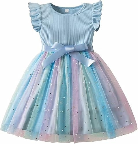 Mädchen Tüllstickerei Regenbogen Kleid mit Gürtel für Kinder 1-8 Jahre | Doppel-Tüll, Blumenstickerei, Regenbogenfarben, verstellbarer abnehmbarer Gürtel, mehrere Altersklassen, alltagstauglich