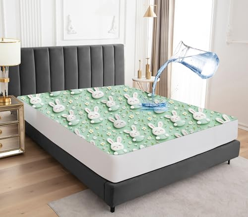 Wasserdichter Matratzenschoner 90x200cm Spannbettlaken, Atmungsaktive Matratzenbezug Wasserundurchlässiger Matratzen-Schutz Nässeschutz Spannbetttücher - Kaninchen