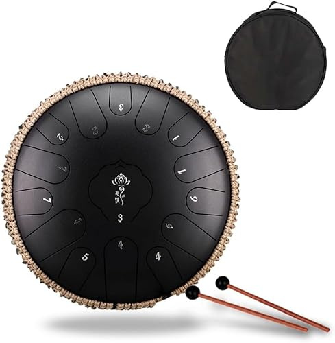 Steel Tongue Drum 15 Noten 12,5 Zoll Zunge Drum Percussion Send Tote Bag Drum Hammer Noten Fingerset Matte Steel Alloy Drum C Key Beginner Zen Drum Percussion Meditation Yoga M, Black