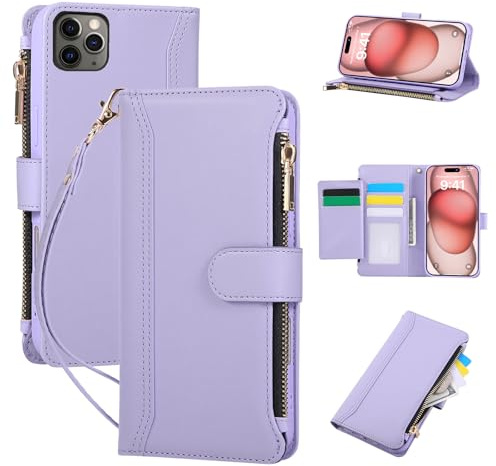 Jeffene Wallet Case for iPhone 14 Pro Max with Lanyard - Shockproof Magnetic Flip Case with Card Holder & Zipper Pocket | Protective PU Leather Phone Cover with Kickstand for Women & Men (Purple)​