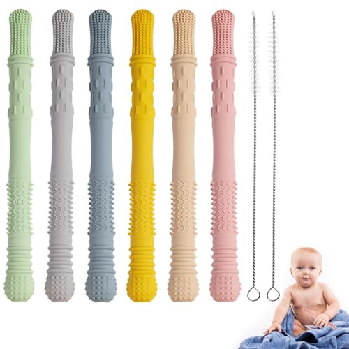 Galenecx 6 Stück Beißröhrchen, Silikon Kaustäbe, Baby Zahnungshilfe | Hohl Kausticks, Auffrischungssicher, Weiche Texturen, Molarstab Säuglinge und Kleinkinder