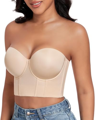 DotVol Women's Non-Slip Strapless Full Coverage Underwire Longline Corset Bustier Bra(Beige,34DD)