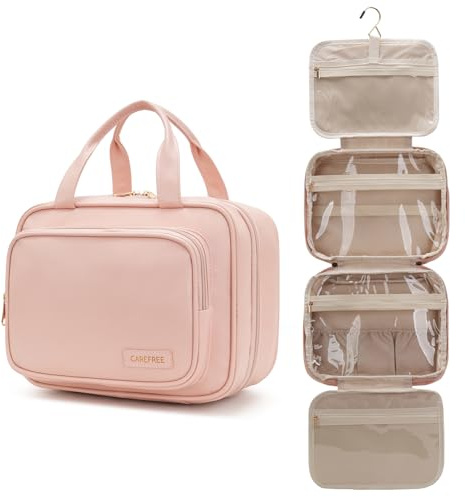 YINGLANG Trousse de Toilette à Suspendre, Trousse de Maquillage de Voyage de Grande capacité pour Femme, Trousse de Toilette en Cuir synthétique pour Homme avec fenêtre Transparente (Rose)