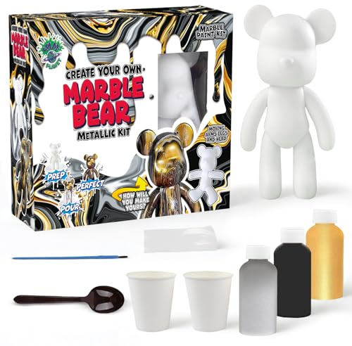 Splat Planet DIY Fluid Marble Bear Kit – Acrylic Paint Pouring Set for Kids & Adults | Drip Art Craft Kit & Creative Gift | Paint Your Own Marble Effect Bear (Metallic Kit)
