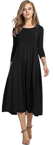 HOTOUCH Women Midi Dresses Elegant 3/4 Sleeve Tunic Dresses A Line Summer Dress Solid Round Neck Dresses with Pockets S-3XL
