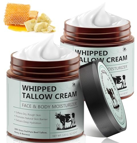 Beef Tallow Creme für Gesicht & Körper, 100% Gras Gefüttert Rindertalg, Natürlicher Honig & Bienenwachs Feuchtigkeitscreme, Tiefe Hydratation & Pflege, Schnell Absorbierend Whipped Tallow Balm (2)