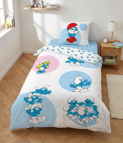 Schlümpfe Bettwäsche Kinder 140x200+65x65 – Blau – 100% Baumwolle | Wendebettwäsche | 4 Schlümpfe im Galopp auf Blau | Dynamisches Design | 100% Baumwolle Öko-Tex | Peyo Lizenz