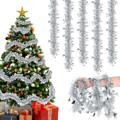 Joxessaien Lametta Weihnachtsbaum 8 Stück × 2M – Weihnachtsgirlande 16M Weihnachtsdeko Lametta Girlande mit Glocken Verziert – Christbaum Deko für Innen & Außen (Silber)